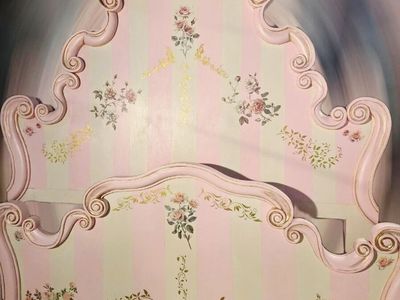 Upcycled pink & cream cottage queen bedframe