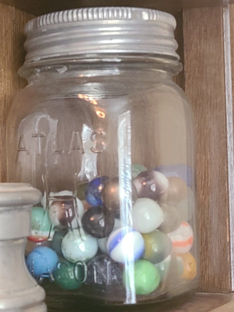 Antique Atlas Mason Jar Filled with Assorted Glass Marbles