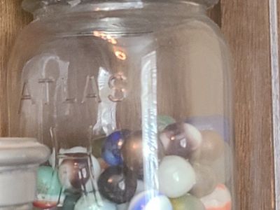 Antique Atlas Mason Jar Filled with Assorted Glass Marbles