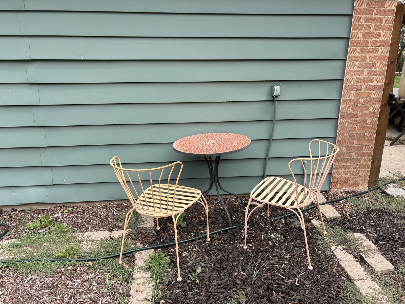 Outdoor Bistro Set - Mosaic Tile Top Table and 2 Metal Chairs
