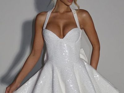BABYBOO Ivory Sequin Tweed Mini Dress S Halter Neck Sweetheart Bow Back Sparkly Prom Party