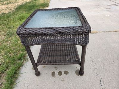 Brown Wicker Patio Side Table with Glass Top & Storage Shelf - Outdoor/Indoor Furniture