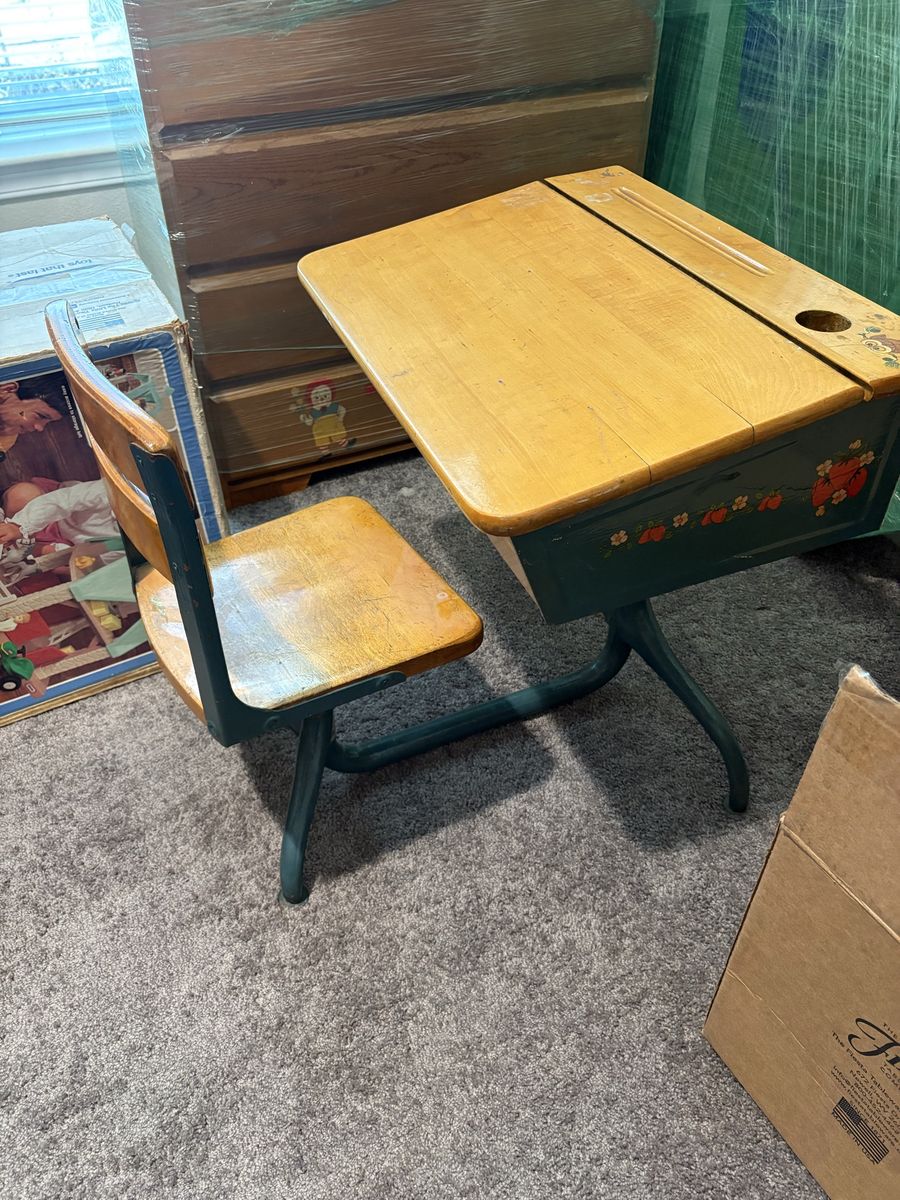 Vintage Child's School Desk & Chair Set - Blue Metal & Wood, Hand-Painted Strawberries