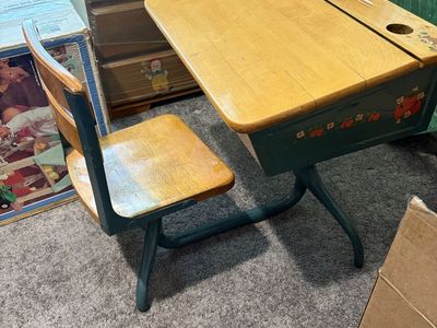 Vintage Child's School Desk & Chair Set - Blue Metal & Wood, Hand-Painted Strawberries
