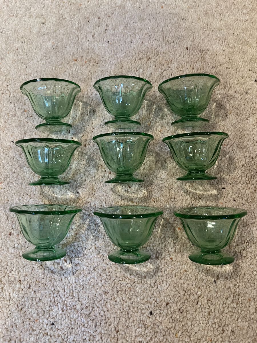 Green Depression Glass Individual Salt Dips/Cellars - Matching Set of 9