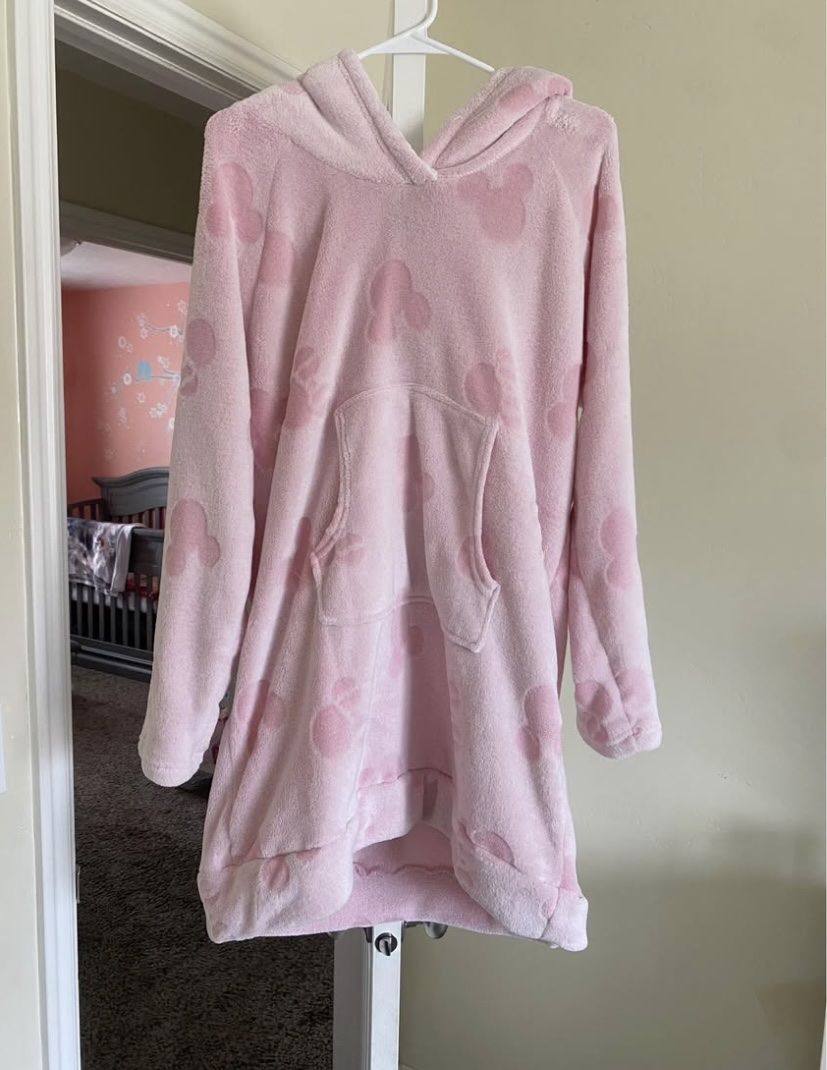 Disney Mickey Mouse Pink Faux Fur Oversized Hoodie Wearable Blanket Sweatshirt XL