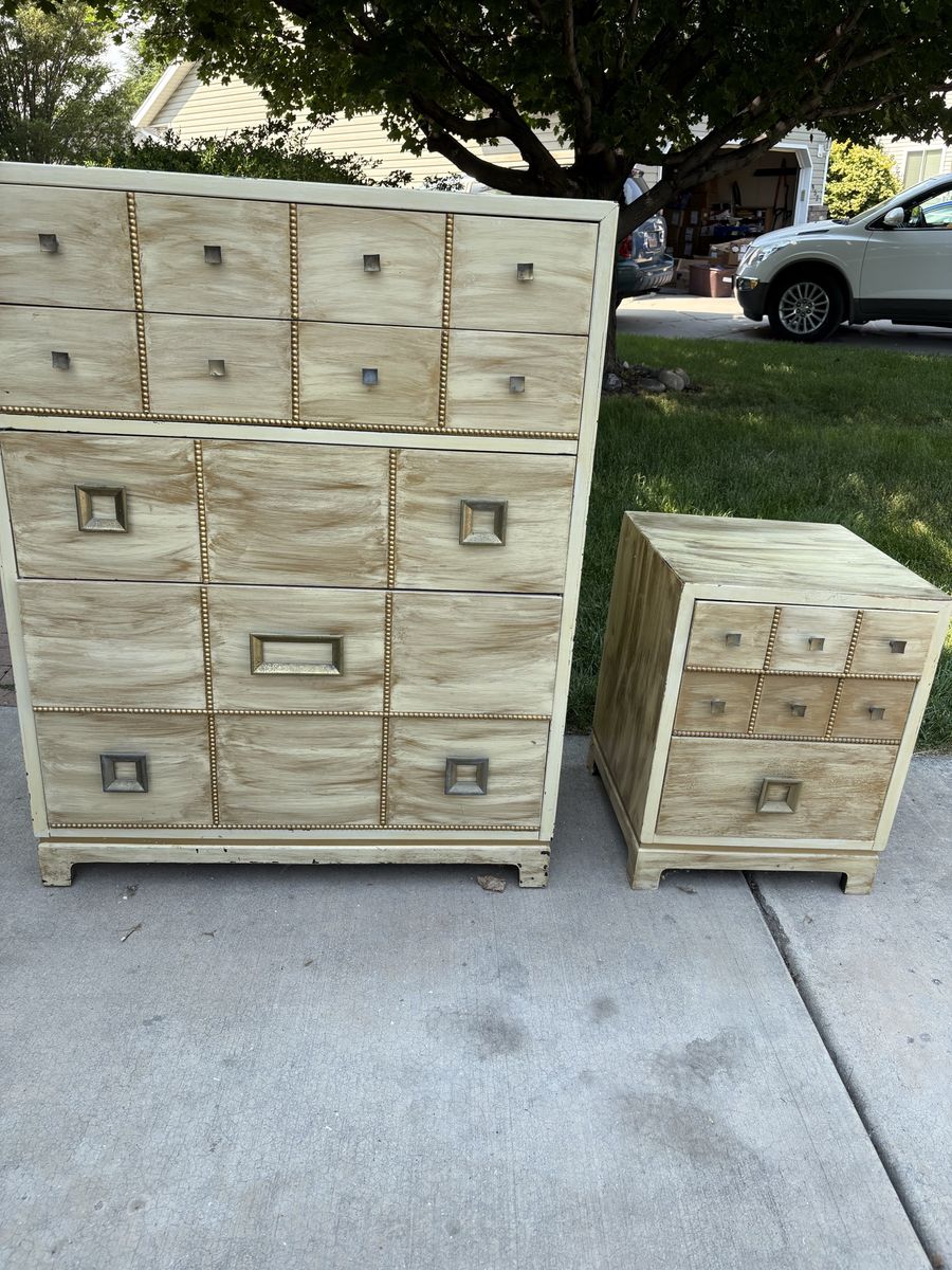 Vintage Mid-Century Faux Burlwood Dresser & Nightstand Set