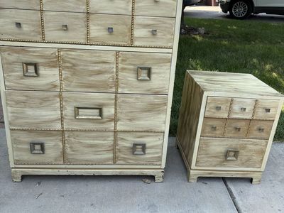 Vintage Mid-Century Faux Burlwood Dresser & Nightstand Set