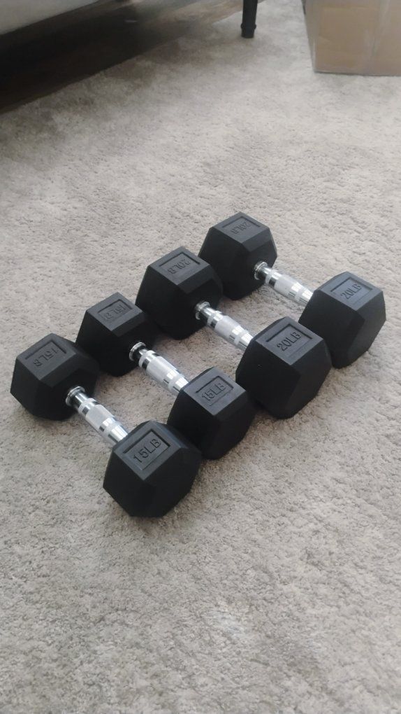 Hex Rubber Dumbbells - Pair of 15LB and Pair of 20LB Weights - Home Gym Fitness Set
