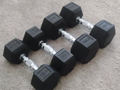 Hex Rubber Dumbbells - Pair of 15LB and Pair of 20LB Weights - Home Gym Fitness Set