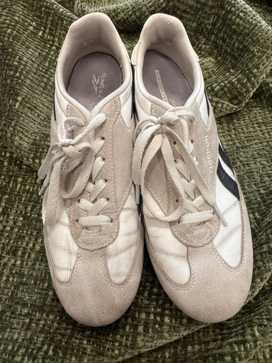 Reebok Classic Leather Sneakers - Tan Suede, Navy Stripe, Women's 8.5