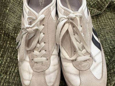 Reebok Classic Leather Sneakers - Tan Suede, Navy Stripe, Women's 8.5