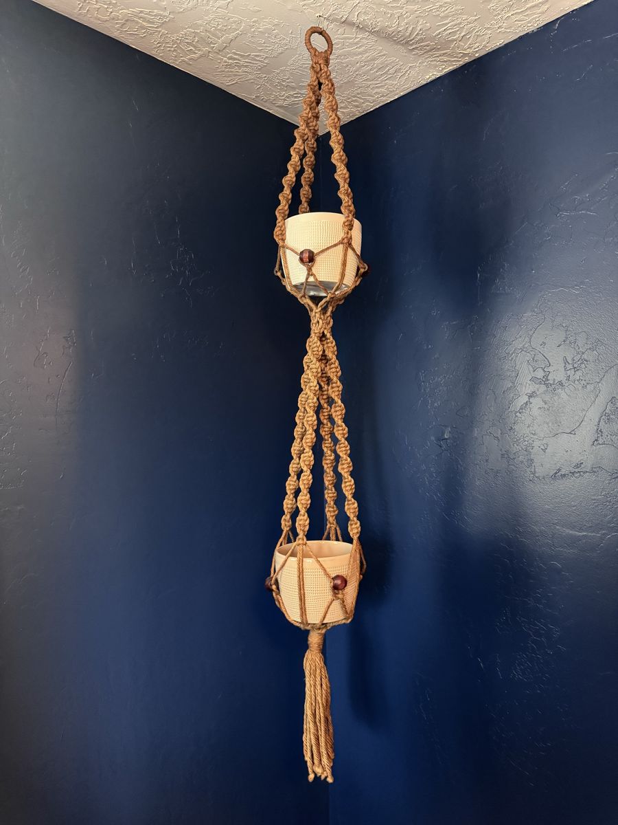 Vintage 70’s Two Tier Jute Macrame Twisted Beaded Plant Hanger with Pots