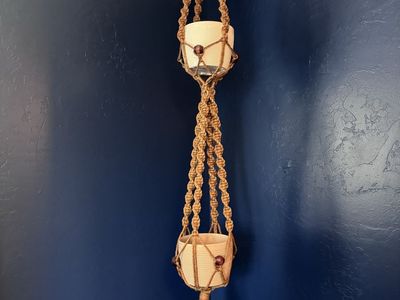 Vintage 70’s Two Tier Jute Macrame Twisted Beaded Plant Hanger with Pots