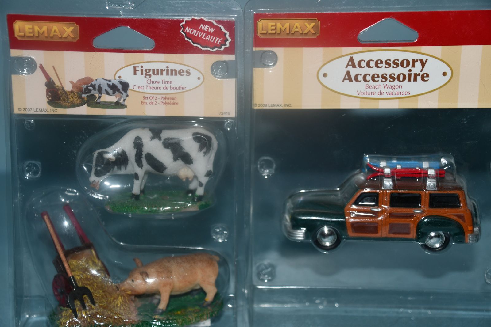 2 NEW VINTAGE LEMAX FIGURINES & ACCESSORIES ~ BEACH WAGON & CHOW TIME (COW & PIG) ~ BOTH FOR $5