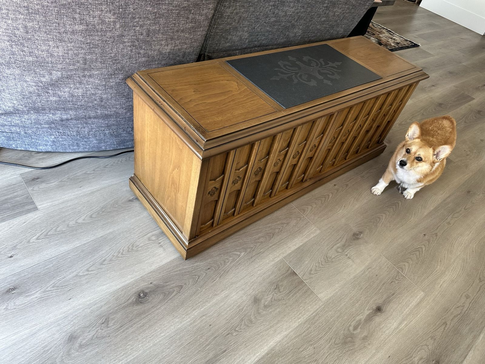 Vintage Mid-Century Style Wooden Credenza Console Cabinet with Slate Inlaid Top