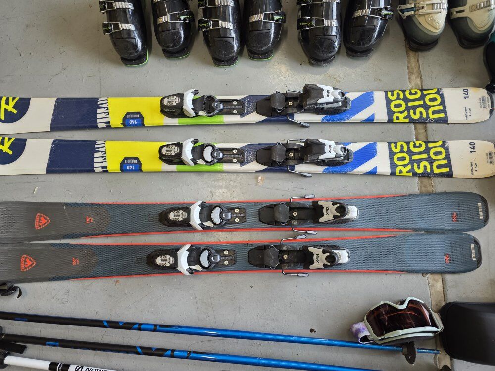 skis, boots, helmets