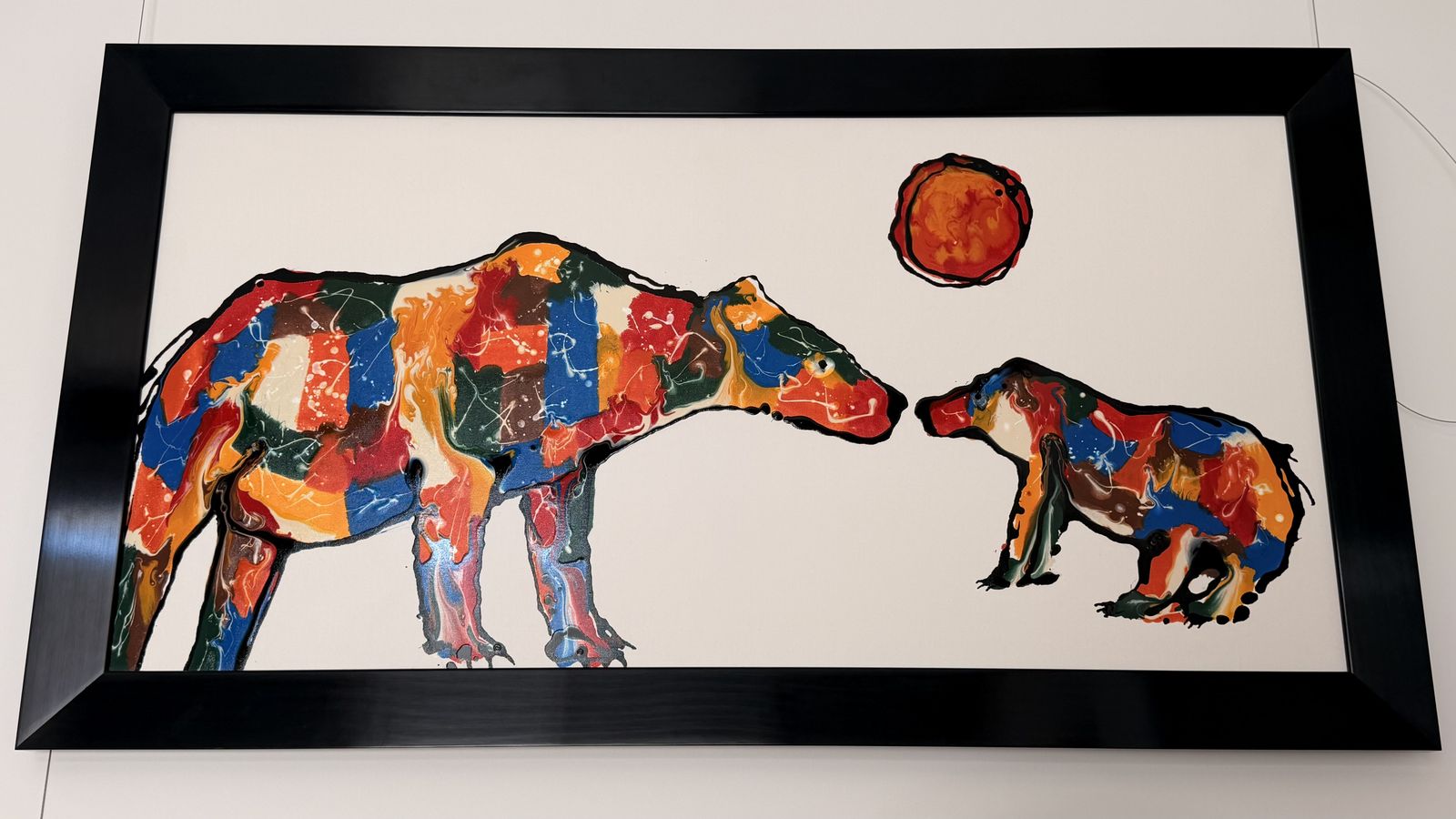 Estate sale - 48" x 24" painting of bears and sun with black metallic frame