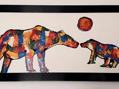 Estate sale - 48" x 24" painting of bears and sun with black metallic frame