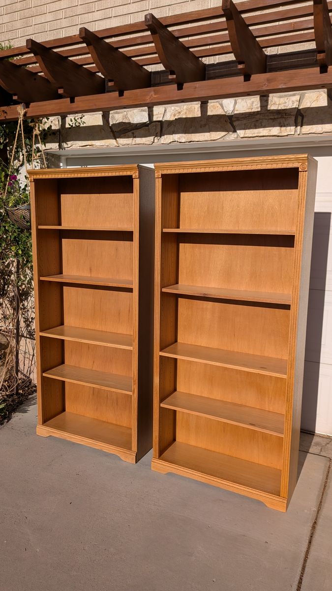 2 matching 5-tier wood shelves oak finish, 3 adjustable shelves, $60 each