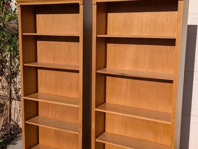 2 matching 5-tier wood shelves oak finish, 3 adjustable shelves, $60 each