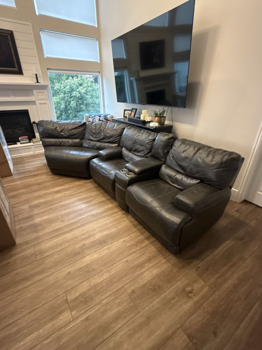 Dark Gray Leather Reclining Sectional Sofa with Storage Consoles & Cup Holders