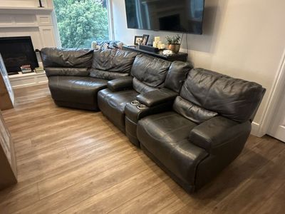 Dark Gray Leather Reclining Sectional Sofa with Storage Consoles & Cup Holders