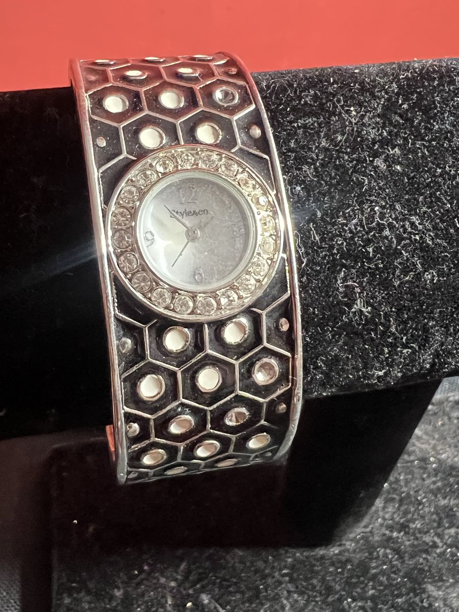 Style & Co. Honeycomb Pattern Cuff Watch - Silver Tone, Rhinestone Bezel