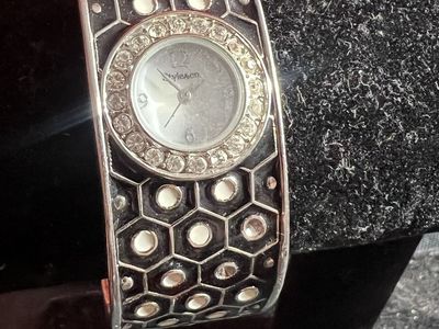 Style & Co. Honeycomb Pattern Cuff Watch - Silver Tone, Rhinestone Bezel