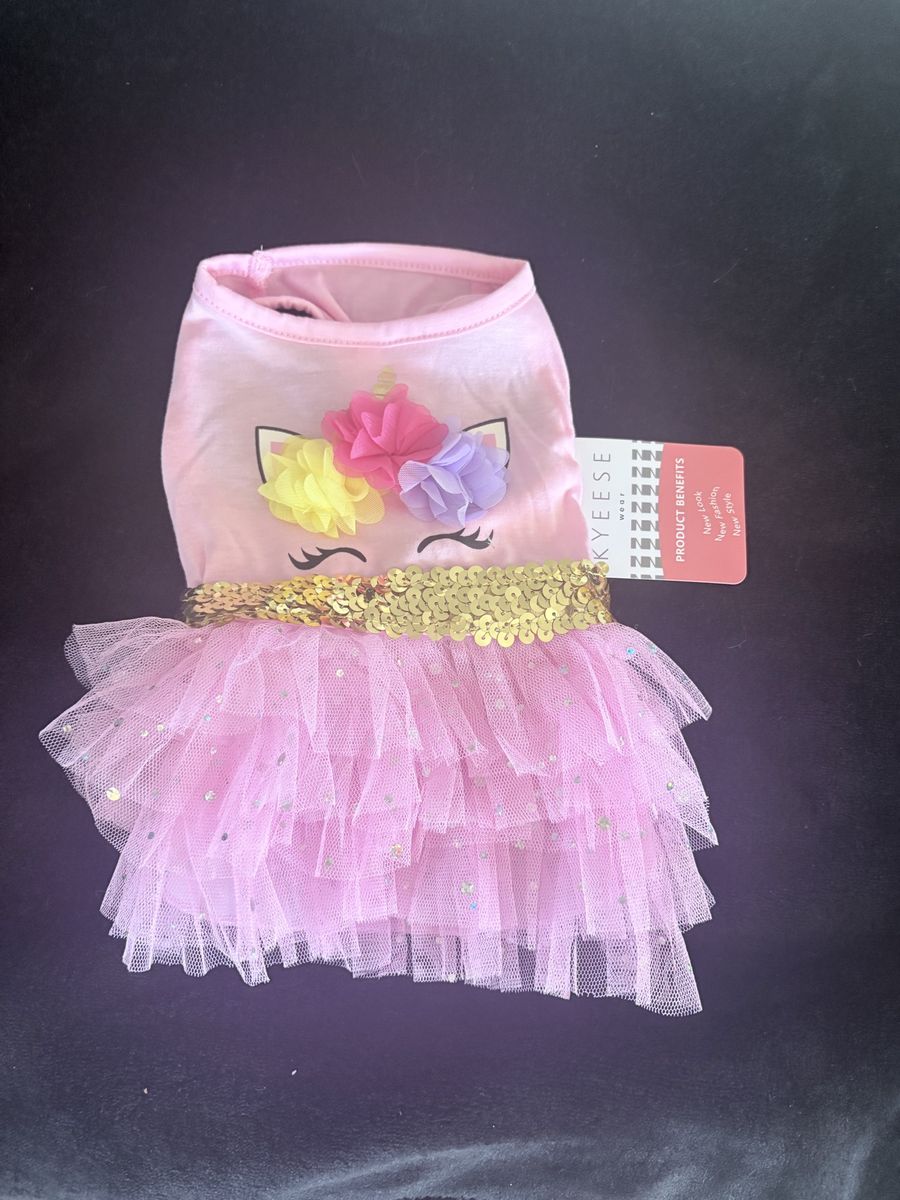 KYEESE Pink Unicorn Dog Dress with Tulle Skirt & Gold Sequins - New with Tags