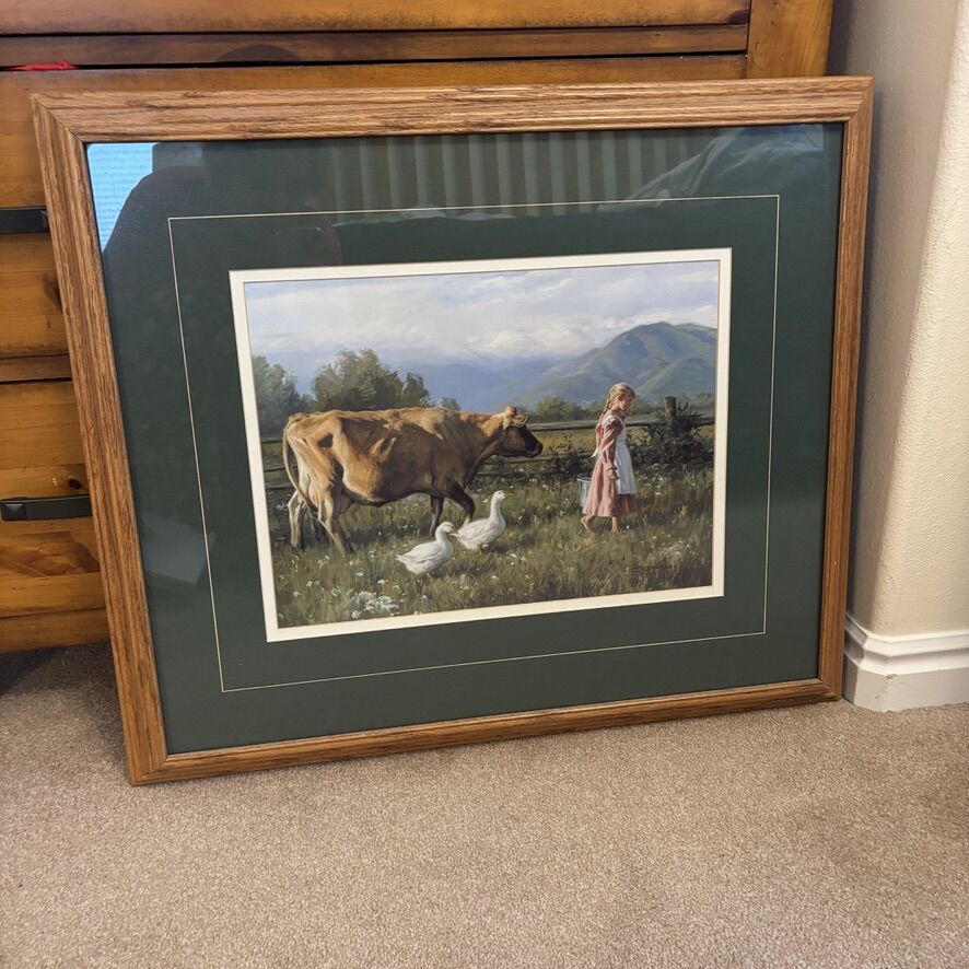 Framed Pastoral Country Print – 27” x 22.5” – Rustic Farm Scene