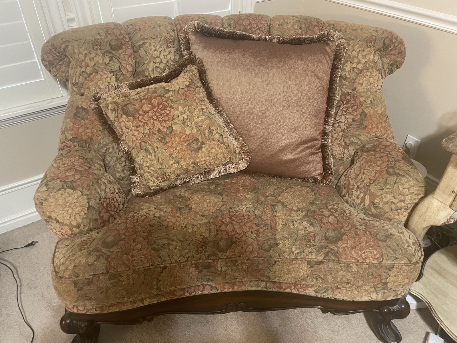 Vintage Floral Upholstered Chair and a Half Armchair with Throw Pillows