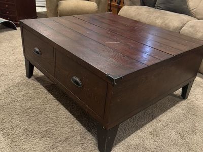 Rustic Solid-Wood Coffee Table with Lift-Top Storage and Drawers - Dark Wood Finish