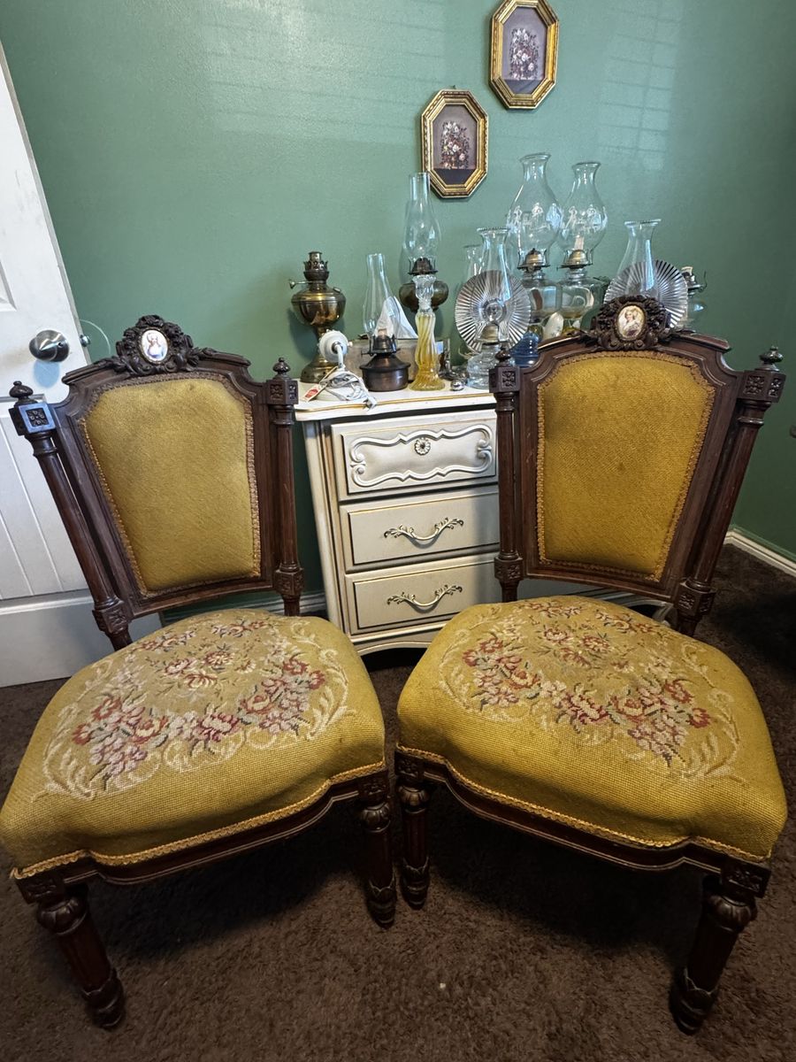 Vintage Needlepoint Accent Chairs - Ornate Wood Frame, Tapestry Upholstery (Set of 2)