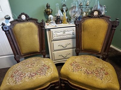 Vintage Needlepoint Accent Chairs - Ornate Wood Frame, Tapestry Upholstery (Set of 2)