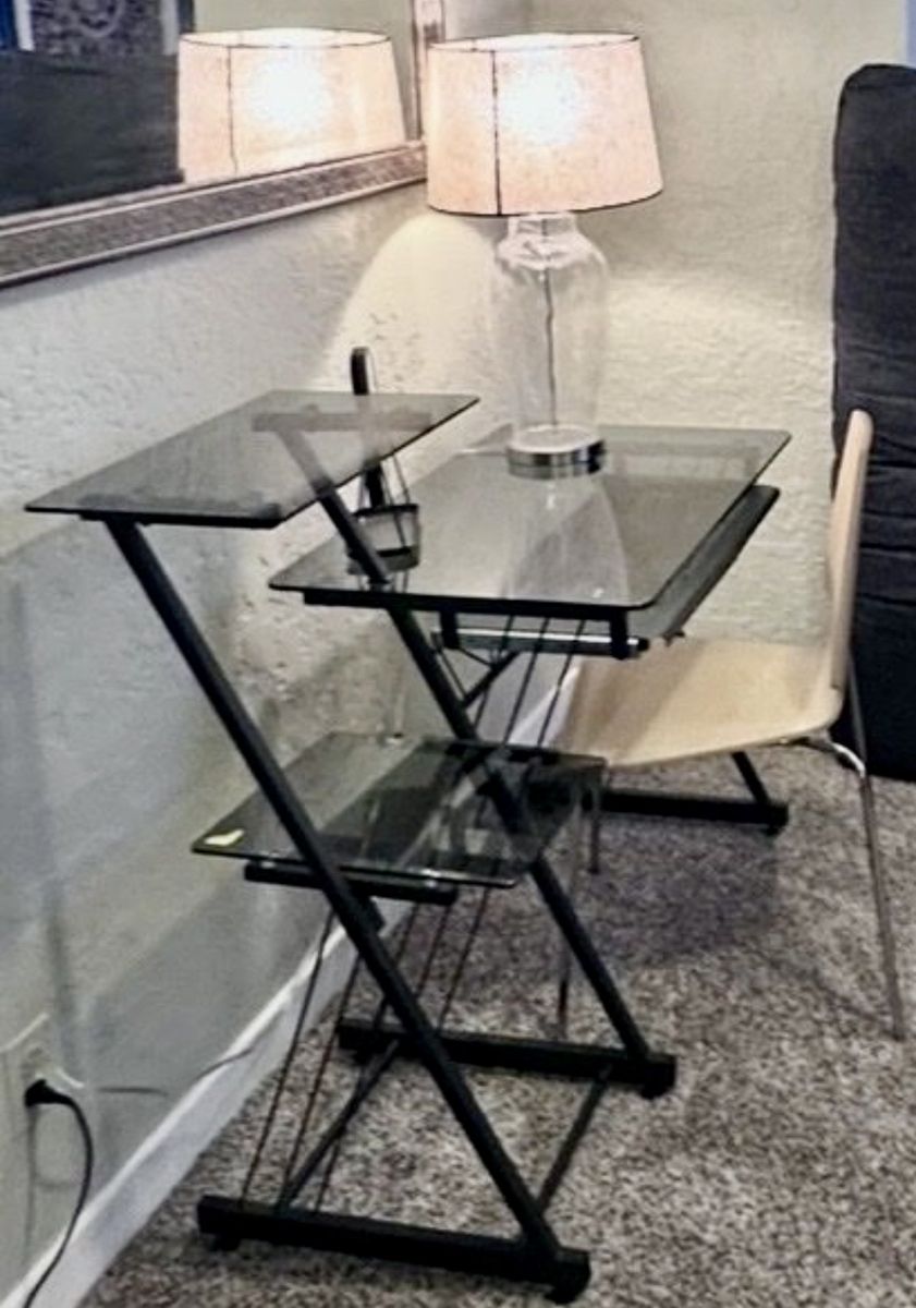 Modern Glass Top Drafting Table and Matching Side Stand Set
