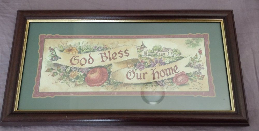 God Bless Our Home Framed Art Print, Dark Wood Frame, Floral Motif, Inspirational Wall Decor