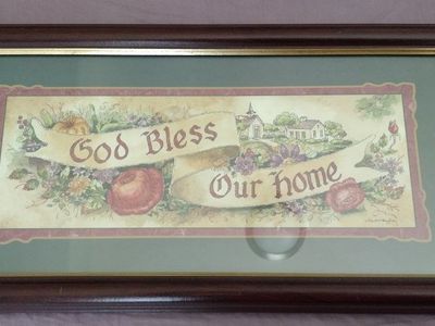 God Bless Our Home Framed Art Print, Dark Wood Frame, Floral Motif, Inspirational Wall Decor