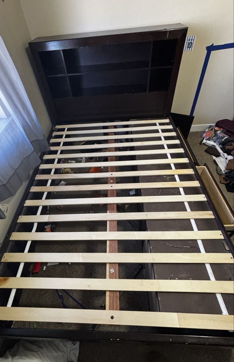 Dark Brown Queen Size Platform Bed Frame w/ Storage Headboard & Drawers