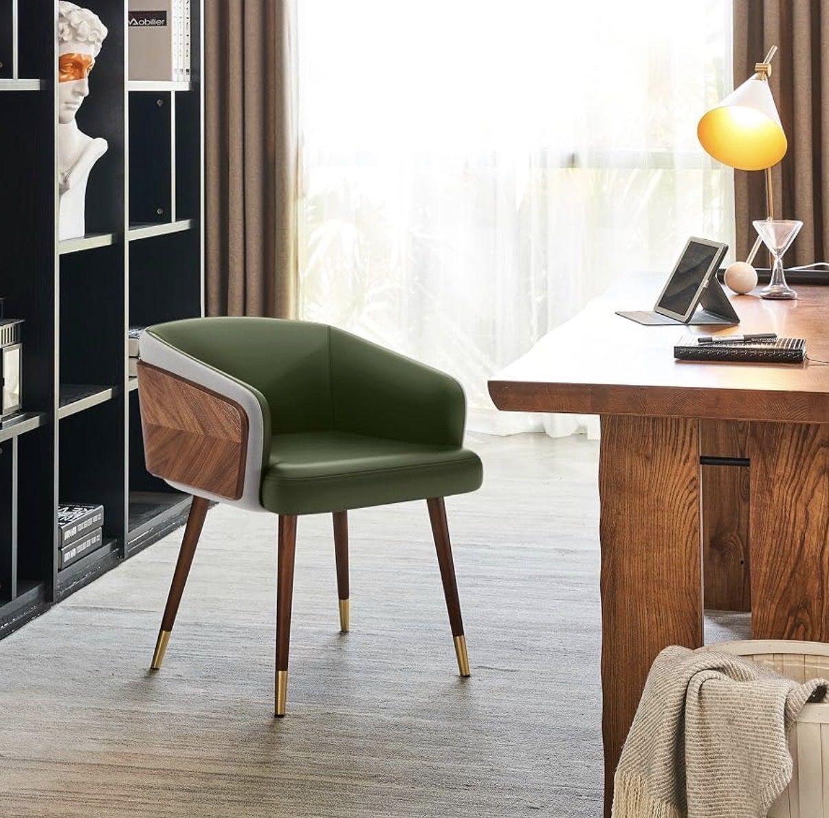 Artplan Modern Upholstered Accent Dining Chair – Green & Walnut | New