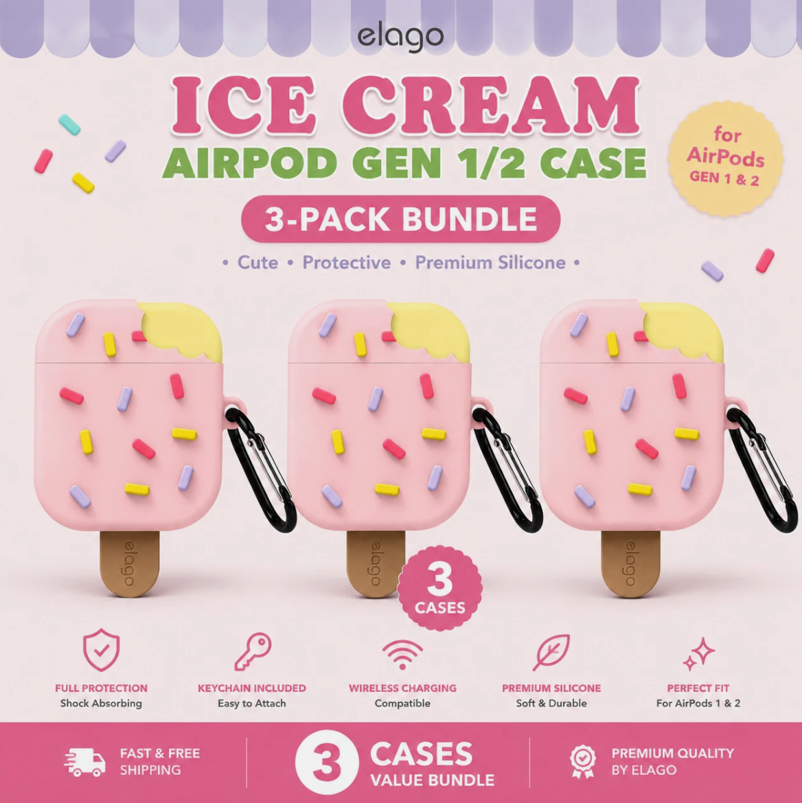3-Pack elago Ice Cream AirPods Case Gen 1 2 Cover Shockproof Silicone w Keychain