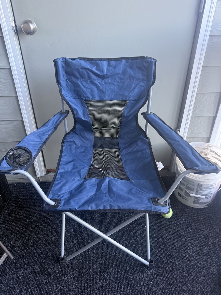 Blue Folding Camping Chair with Mesh Back and Cup Holder