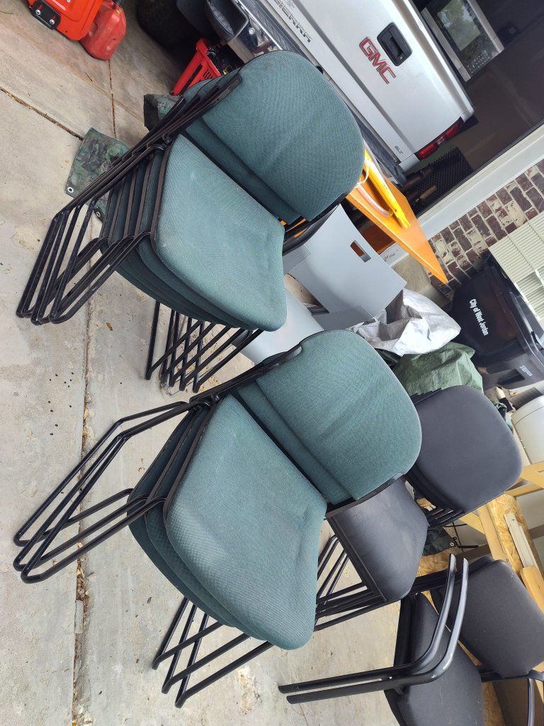 Set of 6 Used Office Guest Chairs - 4 Green Fabric, 2 Black Vinyl - Stackable Design