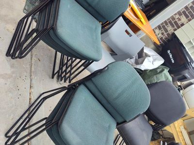 Set of 6 Used Office Guest Chairs - 4 Green Fabric, 2 Black Vinyl - Stackable Design