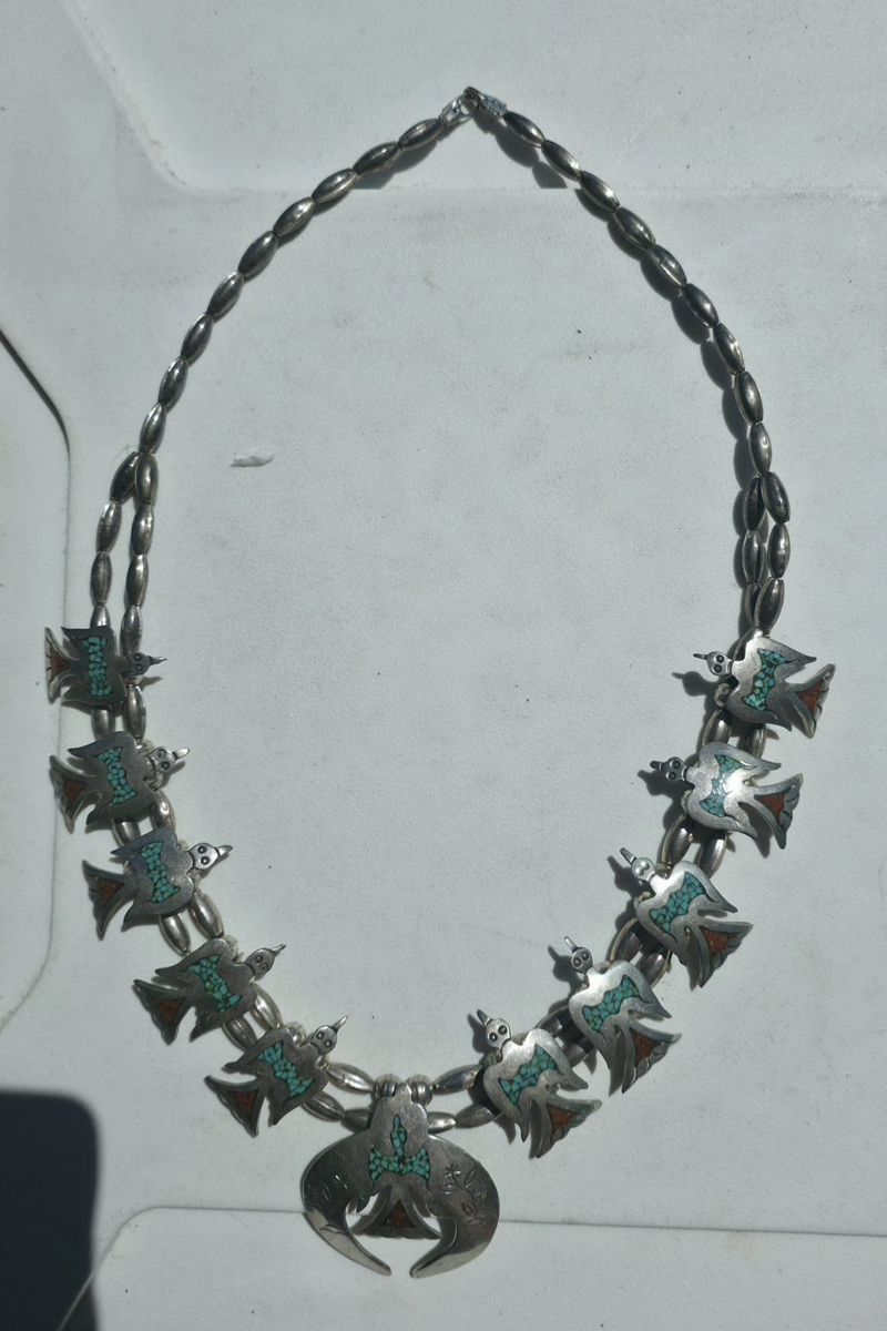 vintage Navajo Squash blossom necklace $800
vintage Navajo Squash blossom necklace featuring peyote bird mofits turquoise $1000