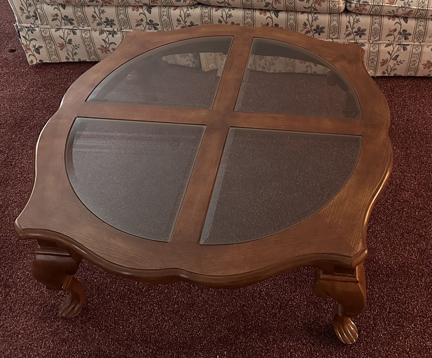 Wooden Coffee Table with Glass Panes and Carved Legs