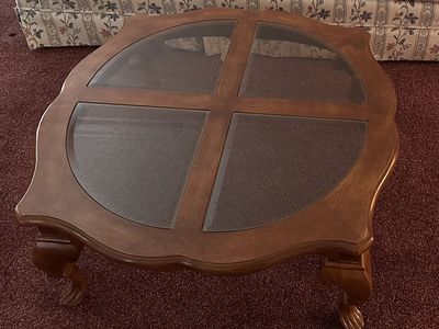 Wooden Coffee Table with Glass Panes and Carved Legs