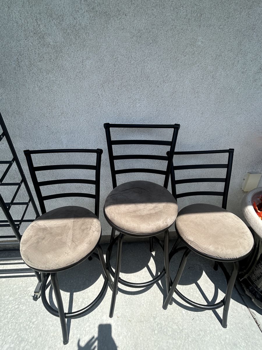 3 Metal Frame Bar Stools with Suede Seats - Black & Beige Kitchen Counter Height