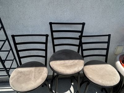 3 Metal Frame Bar Stools with Suede Seats - Black & Beige Kitchen Counter Height