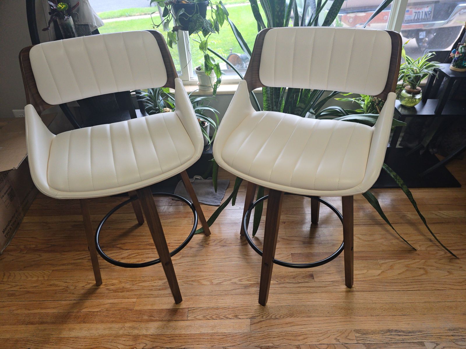 Walnut & White Leather Swivel Counter Stools – Assembled & Brand New!